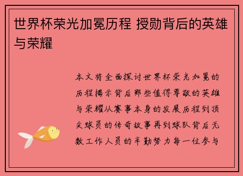 世界杯荣光加冕历程 授勋背后的英雄与荣耀